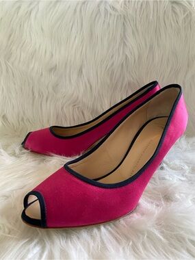 Giuseppe Zanotti Fuchsia/Navy Satin Peep-Toe Heels.  Authentic.